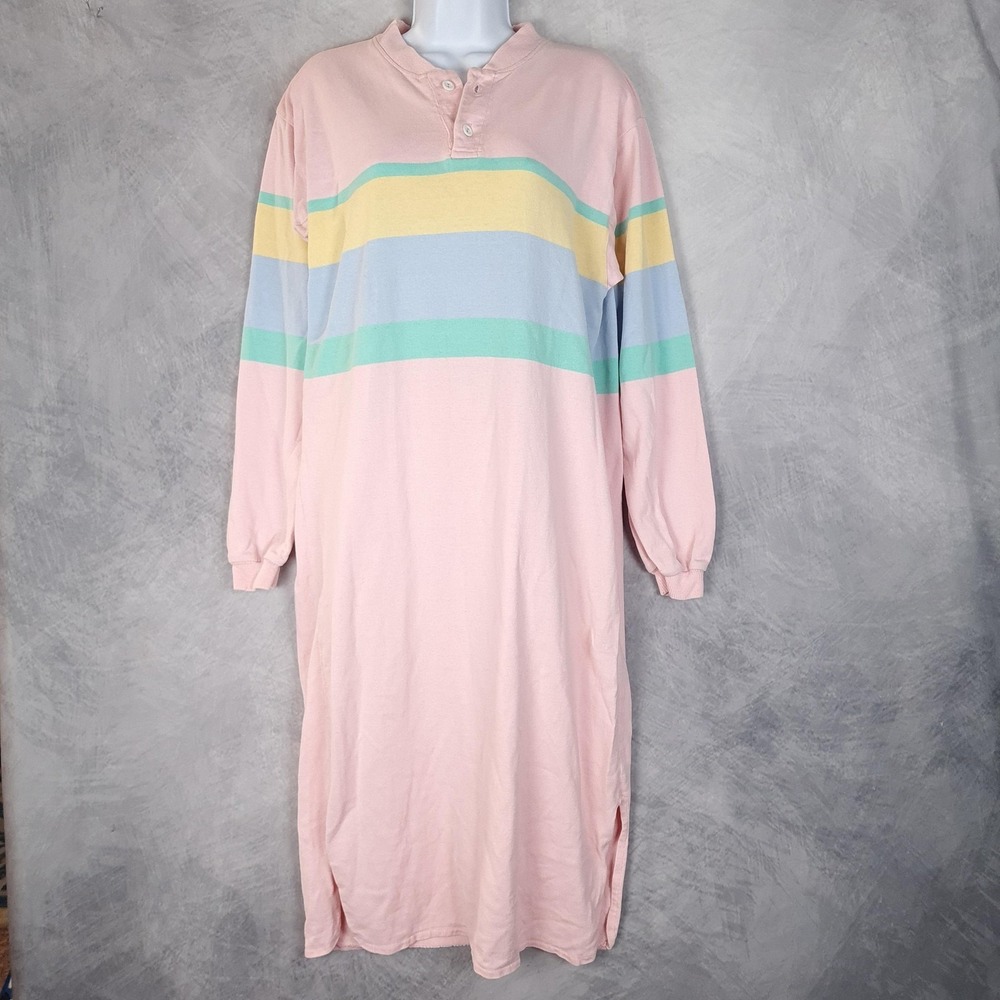 Vintage LL Bean Rugby Shirt Dress Womens Small Pink Pastel Striped Henley USA